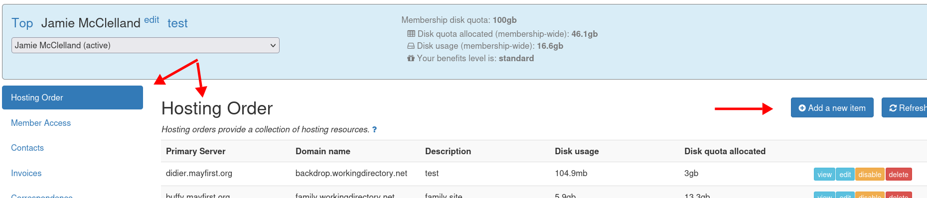 Red arrows point to the Hosting Order tab on the left and the Hosting Order title and also the button that says "Add a new item"