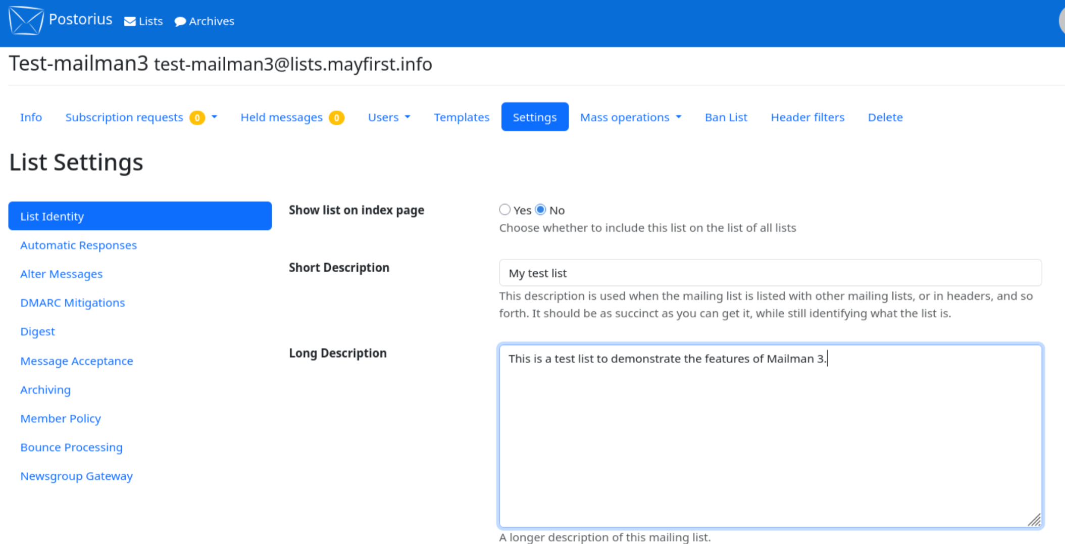 Mailing list settings